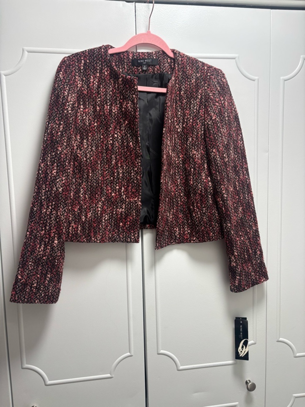 Nine West Burgundy & Black Cropped Tweed Blazer